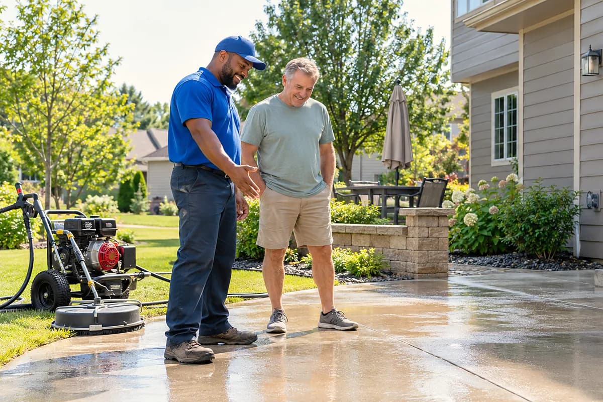 A pressure-washing technician showing a homeowner the clean patio.