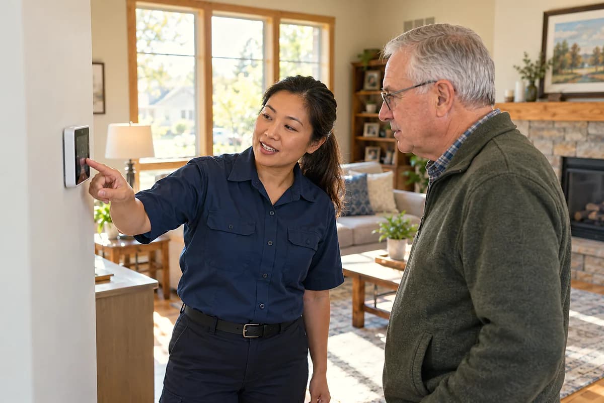 A technician showing a homeowner how to use a smart thermostat.