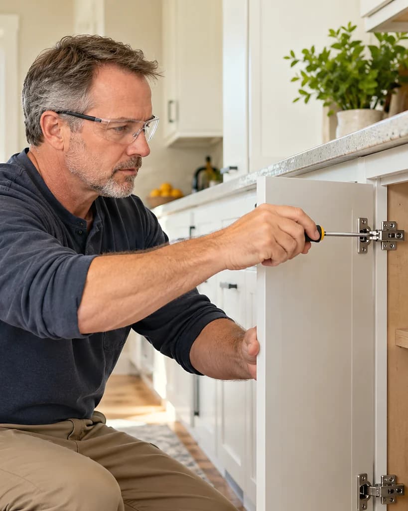 A handyman in safety glasses fixing a cabinet hinge.