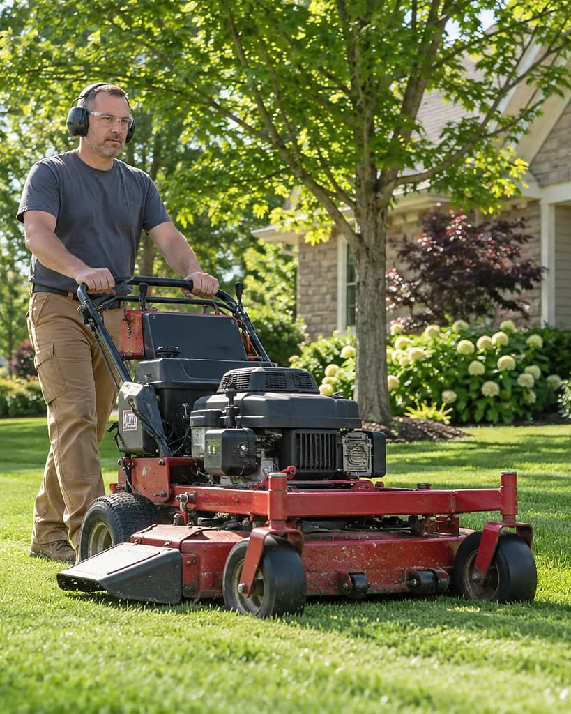A man running a commercial walk-behind mower.