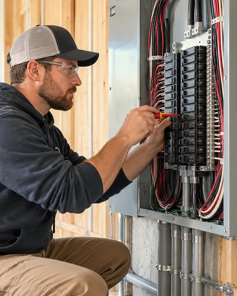 An electrician working inside an open breaker panel.