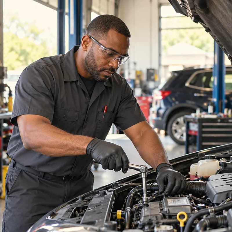 A mechanic with a wrench under the hood.